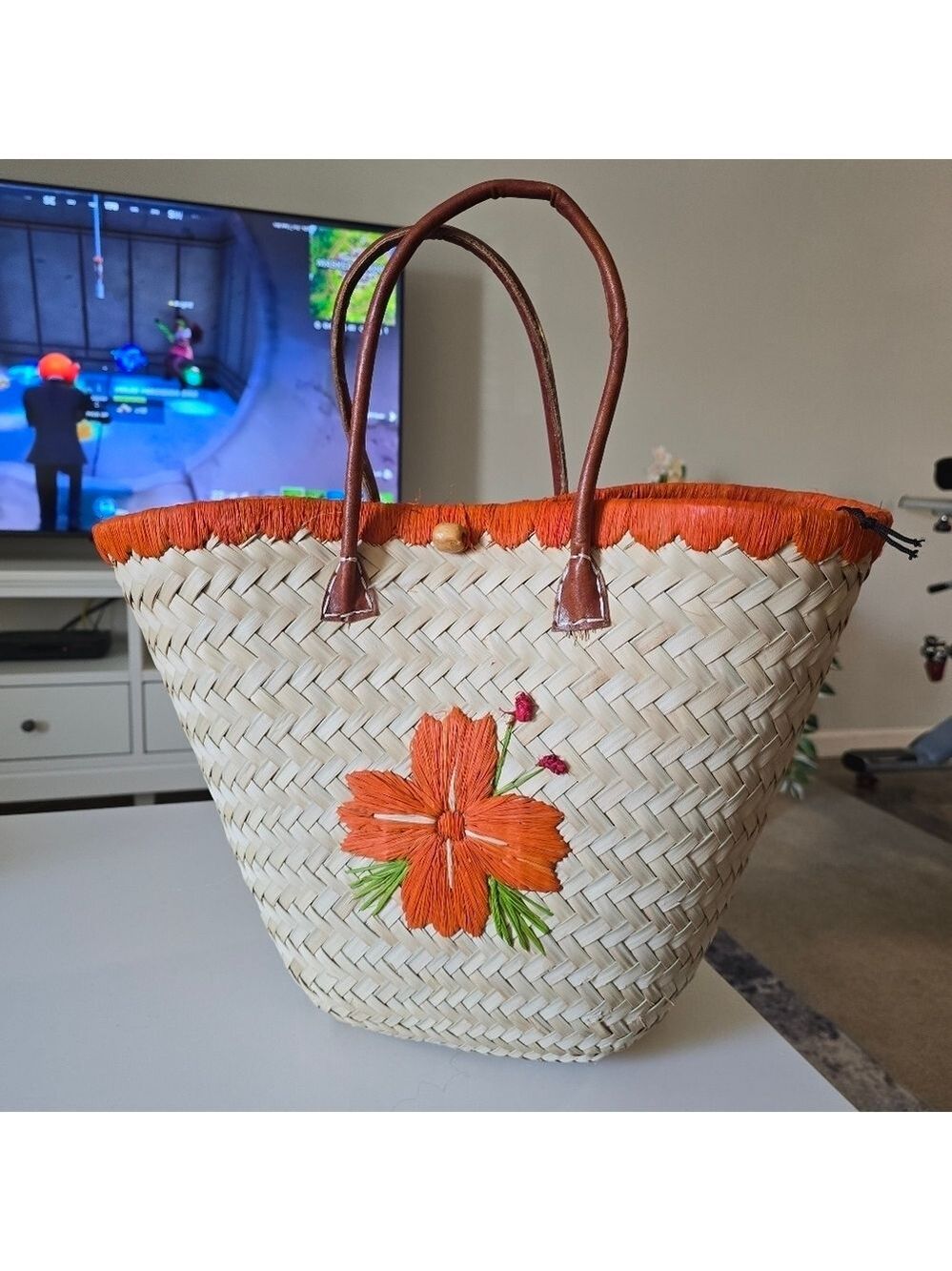 Handcrafted Hand Made Floral Straw Tote Bag - Orange Floral Accents